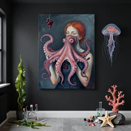 a dark apartment with black walls, portrait of female art student holding an octopus, berries dripping juice, jellyfish, seaweed, berries, trash, starfish, coral, rocks, seaweed, empty pet bottles, scientific glassware, neo - expressionism, surrealism, acrylic and spray paint and oilstick on canvas