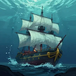 concept art by jama jurabaev, cel shaded, cinematic shot, trending on artstation, high quality, brush stroke, vibrant colors, a ghost ship immersed in the mysterious sea bottom
