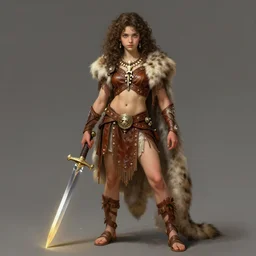 full body portrait of teenage athena holding a dagger, curly brown hair, determined expression, clothing of leather and fur, fringe, bone jewelry, intricate, elegant, leather jewelry, leather sandals, glowing lights, no crop, highly detailed, digital painting, artstation, concept art, smooth, sharp focus, illustration, art by wlop, mucha, artgerm, and greg rutkowski