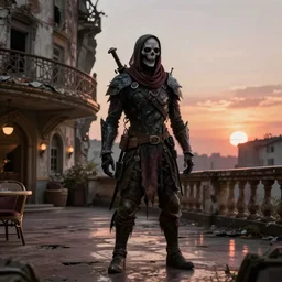 cinematic portrait of a ghoul raider, postapocalypse, inspired by brian froud, inspired by dungeons and dragons, in a ruined hotel lobby, art station, sunset evening lighting, ominous shadows by jessica rossier and greg rutkowski