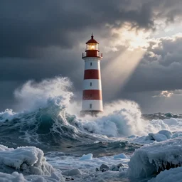 a lighthouse in a frozen tsunami wave