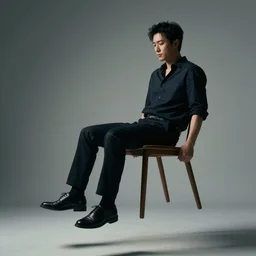 picture of a man sitting on a chair in the air, photorealistic, realistic, dramatic, cinematic, photography