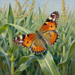 “butterfly in a cornfield, detailed oil painting by Mati Klarwein”