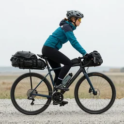 A  woman in north face clothes on a touring bike on a gravel road of Iceland. The bicycle has Vaude saddlebags.
