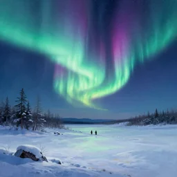 a beautiful and detailed digital painting of a snowy iridescent aurora landscape at night with northern lights in the sky, art by andreas rocha and martin johnson heade, trending on artstation