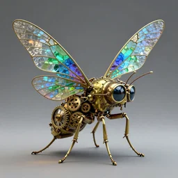 brass steampunk insect with stained glass wings. clockwork. gears, pipes. goggles. rivets. octane render. highly detailed.