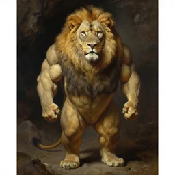 oversized muscular lion as navy seal human legs full body portrait pose , very textured detailed oil painting by rembrandt , hard backlight , in dark cave