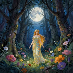 epic fantasy, old dark forest, moon, flowers, magic, full color spectrum light, detailed illustration, hd, 4k, overdetailed art, by greg rutkowski, by Alfons Mucha, complementing colors