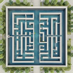 maze made from water canals, direct overhead view, artstation