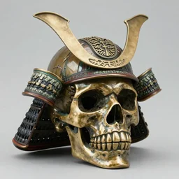 detailed photo of an old bronze patina statue of a skull with a samurai hat, intricate detail, museum lighting