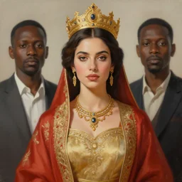 portrait painting of a stunning proud empress, artstation, mymodernmet, by amir ershadi, by ben enwonwu, by alphonse mucha, by soey milk, gold foil aureola, black dress of iridescent feathers, divine, saint, mixed media