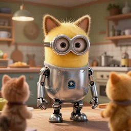 film still from the movie chappie of the robot chappie shiny metal indoor cottage kitchen whimsy chef scene bokeh depth of field several figures furry anthro anthropomorphic stylized cat ears head android service droid robot machine fursona