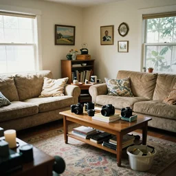 90's Professional Color Photography, Nikon, Cluttered living room. Summer