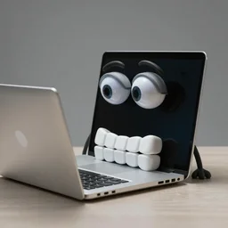 a laptop with teeth, legs and wobbly eyes