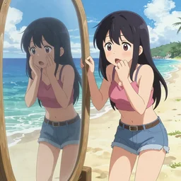 anime waifu at the beach, horrified at her reflection