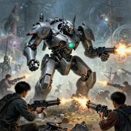 combat mech mid battlefield firing machine guns at oncoming onslaught, hyperrealism by yoji shinkawa apophasis shintaro kago junji ito esoteric hypnogogic alphonse mucha victo ngai hyperrealism magic realism arcane esoteric hypnogogic ethereal surreality