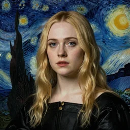 portrait of Elle Fanning by Hieronymus Bosch in the style of Fallout 3, starry night,