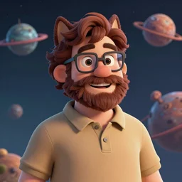cell shaded, pleasant, happy, husky, nerdy man character portrait, on an alien planet, illustrated by don bluth, wearing polo shirt, earth tones, dark auburn wavy hair, full beard, glasses without frames, freckles, highly detailed, dynamic shadows, 4 k, wallpaper - 1 0 2 4