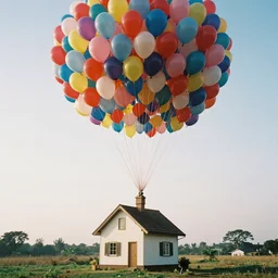 house being lifted up into the sky by hundreds of multi - color balloons, floating high above the ground, film grain, panasonic lx 5, 2 0 0 0 s photo