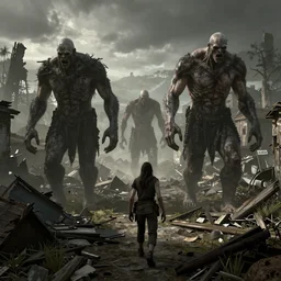 human-like giants walking in a destroyed village, unreal engine, creepy