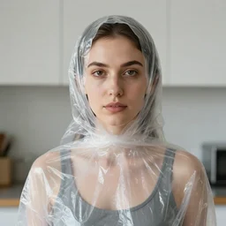 a color photograph, closeup portrait of a woman wrapped in plastic, standing in a kitchen, color photograph, by vincent desiderio, canon eos c 3 0 0, ƒ 1. 8, 3 5 mm, 8 k, medium - format print