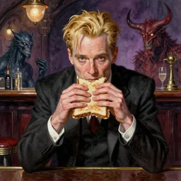 matte painting character illustration of john constantine sitting down on a barstool at a dive bar in london eating a sandwich, digital painting, illustration, constantine, john singer sargent, amazing values, 8 k, magical creatures in the background, watercolor texture, gothic, octane render, realistic face details, symmetrical face details, realistically rendered face, photorealistic eyes, blonde british man