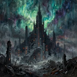 A painting of the downfall of a futuristic city, ominous, futurustic, apocalypse, matte painting, oil painting, art, watercolour, astral, evil, hellish, aurora