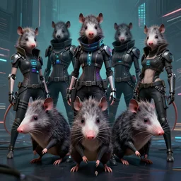 a gang of cyberpunk humanoid opossums, cyberpunk, shadowrun