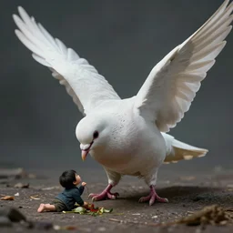a huge dove eating a small human, horror story, nightmare, high detail, realistic, unreal 5, award-winning.