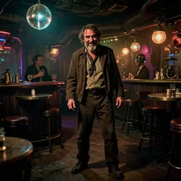 the full - body shot of drunk grinning ( ( ( wrinkled unkempt detective joaquin phoenix ) ) ) with mutton chops beard investigating the crime scene in dark steampunk fallout disco bar, cinematography of christopher doyle, frostpunk, neon gloomy light, discoball reflections, anamorphic, optical flares, kodak film, insanely detailed, 8 k