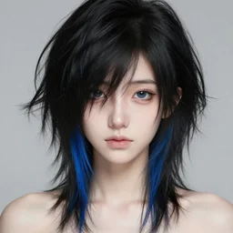 a pale emo girl with medium messy black hair, a blue streak, soft facial features, bangs covering an eye, black lipstick, 2 0 0 8, myspace photo