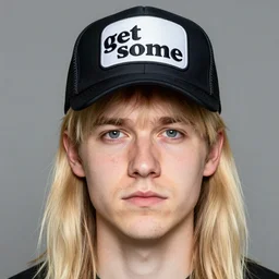 a man with a big irish head, a slender persian nose, sunken beady eyes, low cheek bones, pocky cheeks, sharp cleft chin, long blond sideburns, fluffy bangs, thin eyebrows, wearing a trucker hat that says'get some'