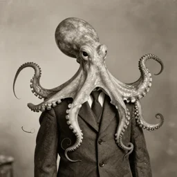 anthropomorphic octopus , wearing a suit, frantic looking tentacles spilling out of the collar, long neck, vintage photograph, sepia