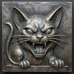 metal carving of a grinning evil cat, award winning, in style of giger, h.r.giger, solid metal, chunky, film grain, medium format, 8k resolution, oil on canvas