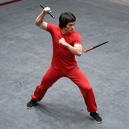 lean, fighter, in a red spandex suit, pose, stance, fight, man, with batons, standing, streetfight, 3 / 4 angle top down, fighting style, top view camera, bruce lee, lean muscles, skinny body, action
