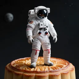 portait of an astronaut standing on a moon cake at space, au naturel, hyper detailed, digital art, midjourney, dalle 2, trending in artstation, cinematic lighting, studio quality, smooth render, unreal engine 5 rendered, octane rendered, art style by klimt and nixeu and ian sprigger and wlop and krenz cushart and kim jung gi