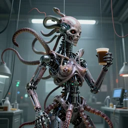 the upper torso of a terminator gorgon medusa with borg implants and robotic snakes coming out of her head is hanging from cables and wires off the ceiling of a lab. Tiny green led lights in her cybernetics. She is bolding a cup of coffee. very detailed 8k. Art by nekro. Horror style.
