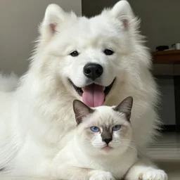 A photo of a Samoyed dog with its tongue out hugging a white Siamese cat.