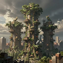giant tree buildings in a city with mystical creatures,style by dylan cole, digital art, matte painting, artstation, concept art