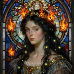 breathtaking detailed soft close up painting of one princess with very black hair, gauze dress of fireflies and art nouveau crown of embers, viking culture, rembrandt style, detailed art nouveau stained glass of flames, christian saint rosace, elegant, highly detailed, artstation, concept art, matte, sharp focus, art by Tom Bagshaw, Artgerm and Greg Rutkowski