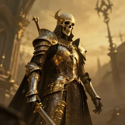 the knight of death and destruction, golden hour, caustics, shallow depth of field, moody lighting, 8 k, concept art,