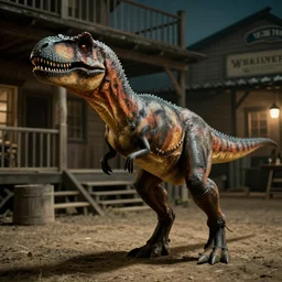a velociraptor gunslinger in a wild west town, still from a movie, 3 5 mm film, grainy, evocative, atmospheric lighting, intricate, highly detailed, sharp focus, cinematic, masterpiece, taken by sergio leone and john ford