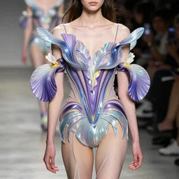 iris van herpen anime inspired spring collection runway, expert photography, holographic undertones, high detail
