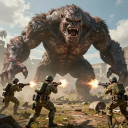 a team of soldiers shooting at a very big scary monster, 3 d render, octane, ray tracing, ultra high resolution, ultra detailed, photorealistic, 8 k