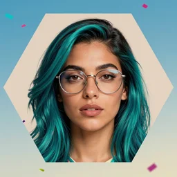 portrait of beautiful dominican woman with dark turquoise hair with black roots, silver frame glasses, confetti in the sky on a hexagon shape, art by j scott campbell, vfx, sharp details