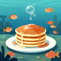 stylized underwater scenery, platter of pancakes surrounded by fish, sylvain sarrailh, bubbles, petros afshar, liam brazier