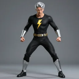 action photo superhero black uniform with a lightning emblem on his chest, silver hair, silver armbands and shin guards, epic, highly detailed, well composed, in the style of clyde caldwell