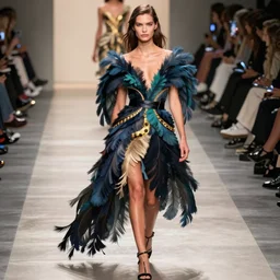 women's clothing inspired by nicobar pigeon, model walking on catwalk during fashion week in nyc, designed by oscar de la renta, high resolution, 8 k
