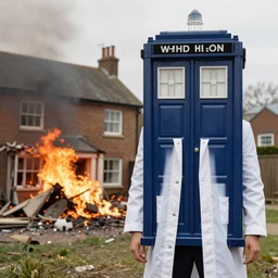 a photo of a house burning down in the background and doctor who with an eerie expression in the foreground, strong depth of field