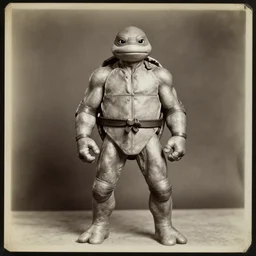 leonardo from teenage mutant ninja turtles, portrait, full body, symmetrical features, silver iodide, 1 8 8 0 photograph, sepia tone, aged paper, sergio leone, master prime lenses, cinematic